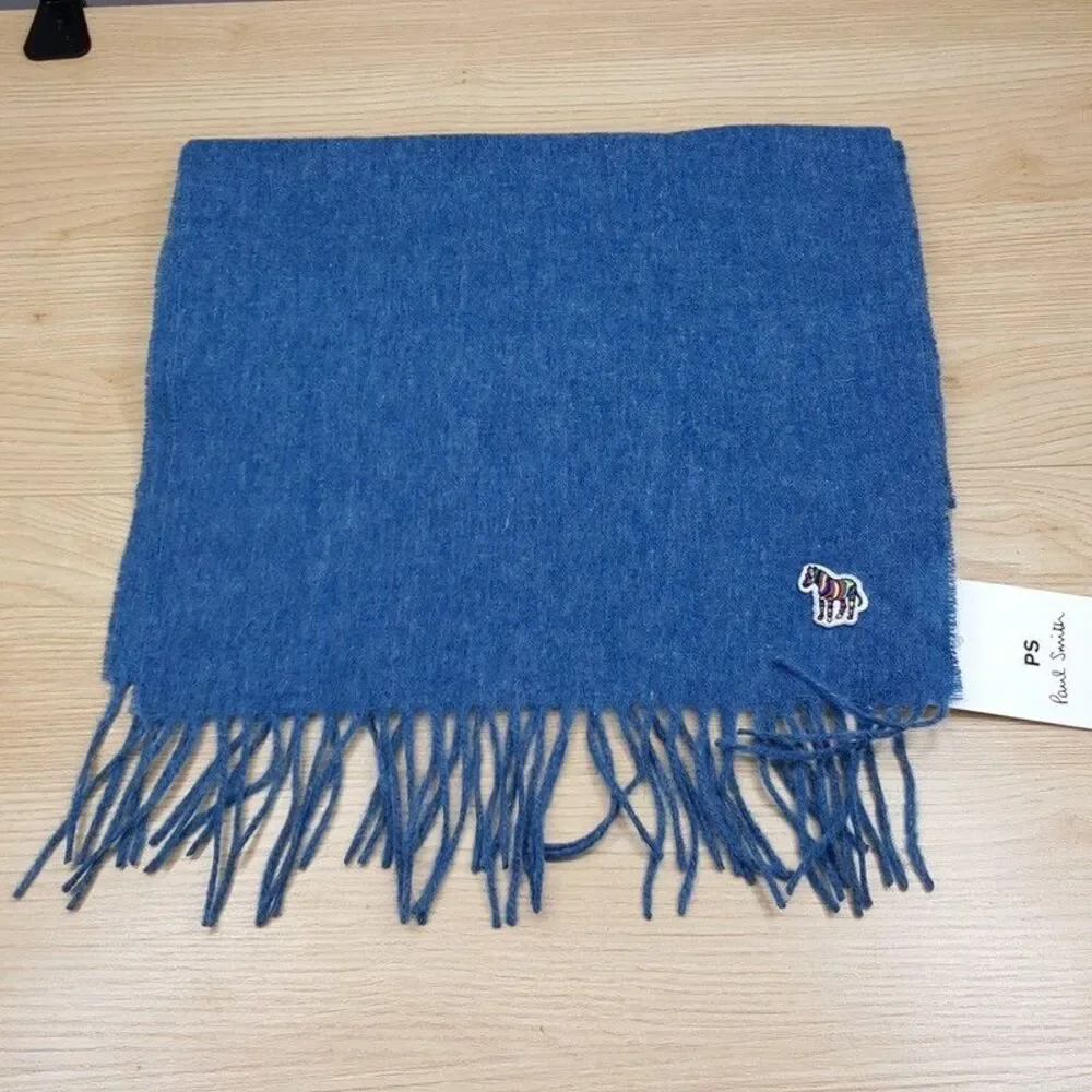 PAUL SMITH Mens Scarf Solid Blue Fringe 100% Lambswool Wool 13x66